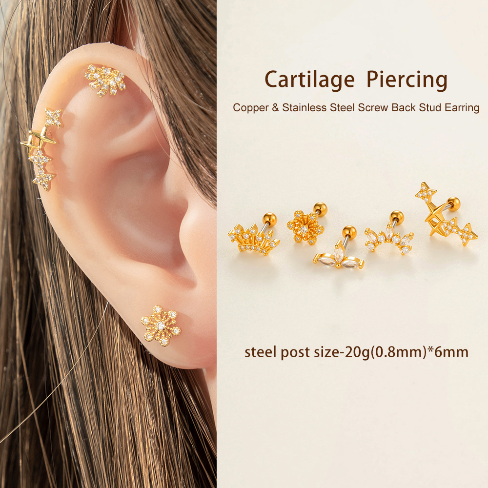 Boucles D'Oreilles Piercing Pour Femme, 1 Pièce, Étoile, Cuivre, Couleur Or, Zircon Image5