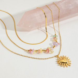 Collier À Plusieurs Rangs Élégant Pour Femme, En Acier Inoxydable Doré, Étanche, Avec Motif Soleil (1 Pièce) h5 Image7