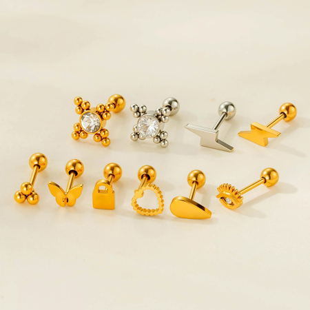 Boucle d'oreille piercing en acier inoxydable étanche couleur or avec zircon (1 pièce)