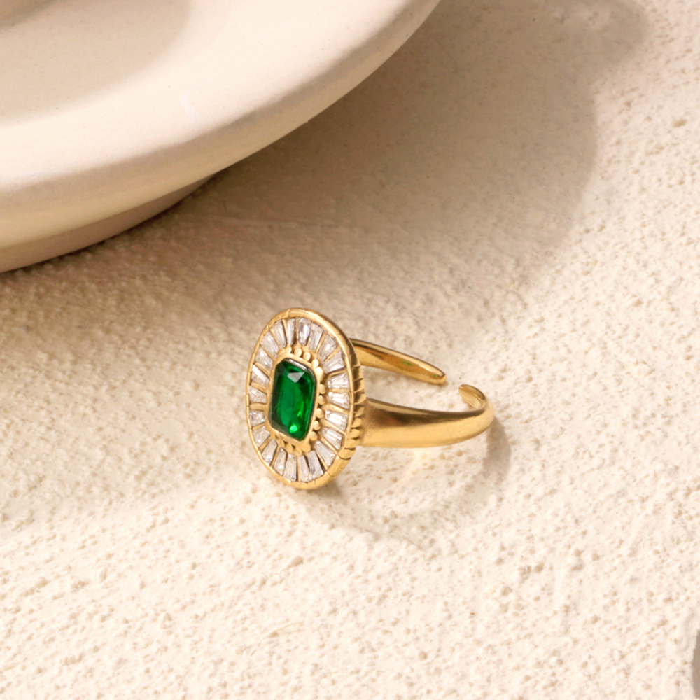 Bague Pour Femme, Collection Rétro Géométrique De Luxe, En Acier Inoxydable Étanche, Couleur Or, Sertie De Pierres Précieuses (1 Pièce). h5Image4