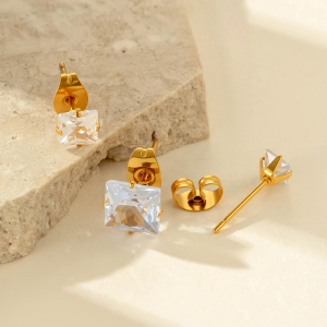 Boucle D'Oreille Piercing Simple En Acier Inoxydable Étanche Couleur Or Avec Zircon (1 Pièce) h5 Image3