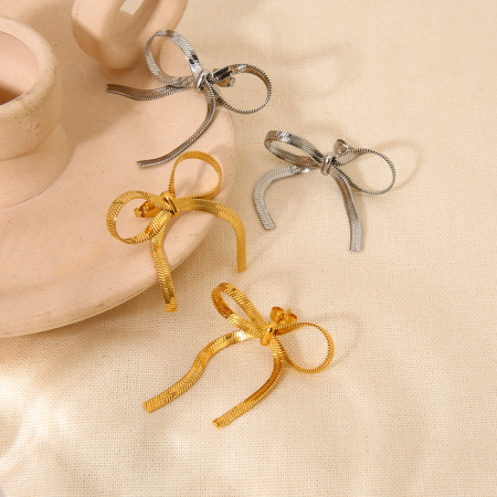 Boucles d'oreilles puces pour femmes, style romantique, nœud papillon, en acier inoxydable étanche. 2