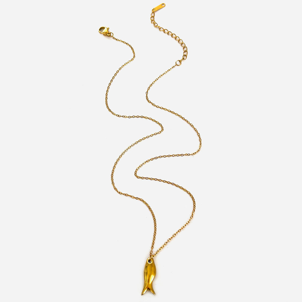 Collier Pendentif En Acier Inoxydable Doré, 1 Pièce, En Forme De Poisson 