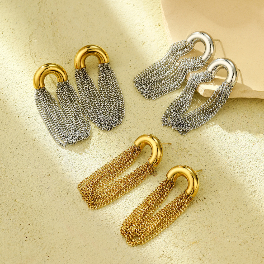 Boucles D'Oreilles Pendantes Pour Femmes, En Acier Inoxydable Imperméable, Couleur Or, Avec Pompon Image2
