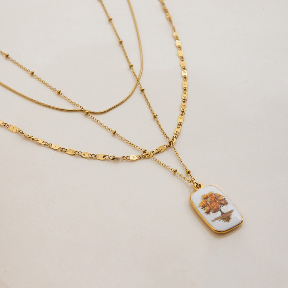 Collier Pendentif Rétro Arbre Pour Femme, En Acier Inoxydable Étanche, Couleur Or (1 Pièce) Image5