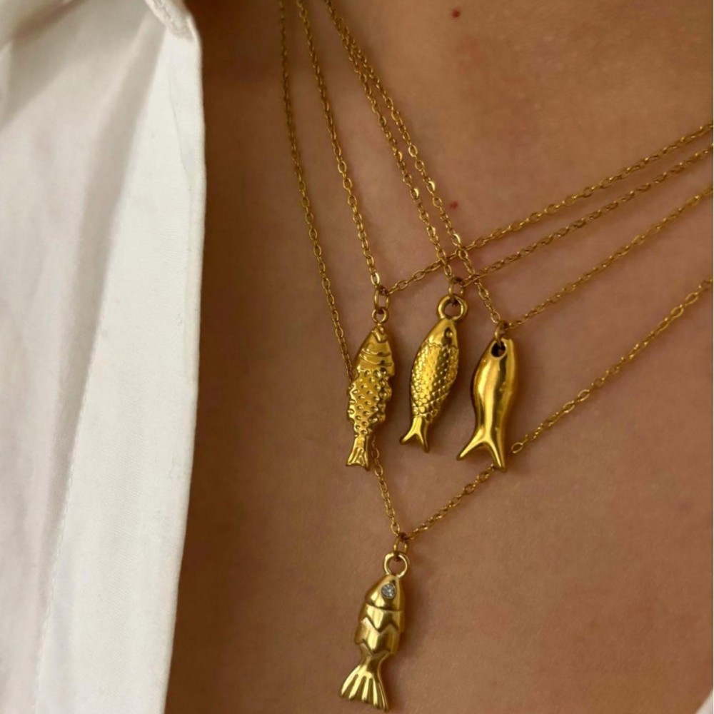 Collier Pendentif En Acier Inoxydable Doré, 1 Pièce, En Forme De Poisson Image3