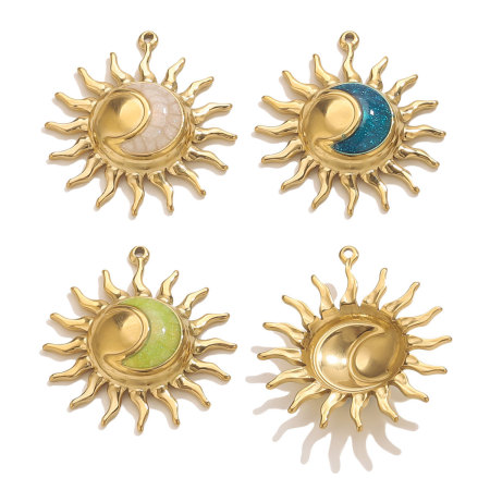 Pendentif classique DIY pour femme, en acier inoxydable étanche, couleur or, motif soleil (1 pièce) 2