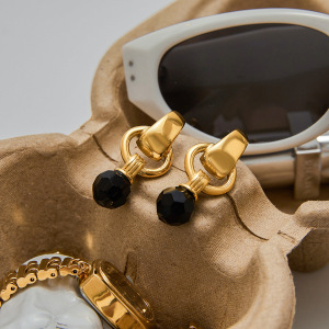 1 Paire De Boucles D'Oreilles Pendantes Pour Femme, Style Géométrique Rétro Classique, En Acier Inoxydable Étanche Couleur Or Avec Pierre Naturelle h5 Image2