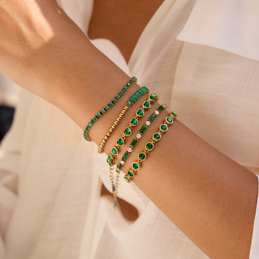 Bracelet Chaîne Femme En Acier Inoxydable Vert Rétro Étanche Couleur Or (1 Pièce) Image3