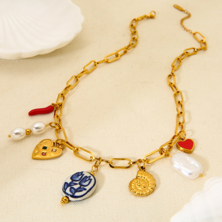 Collier pendentif rétro en acier inoxydable étanche couleur or (1 pièce) 2