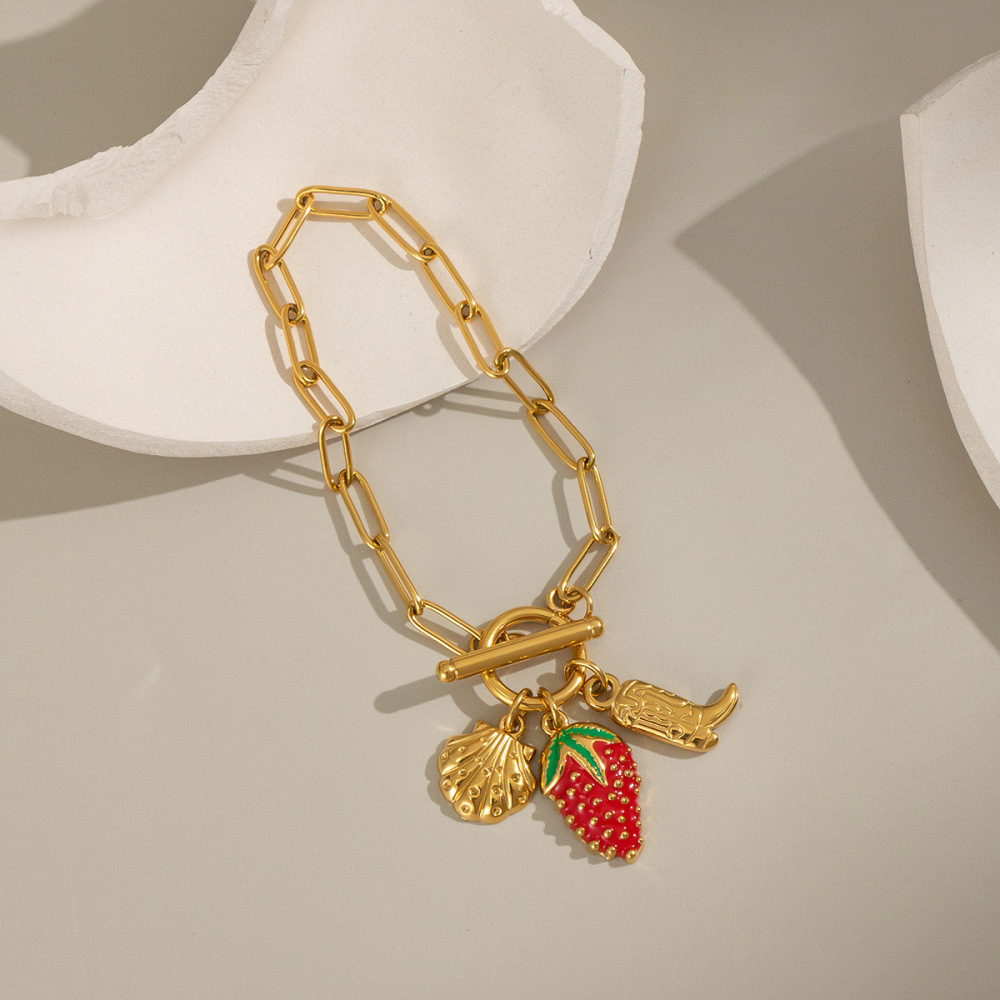 Bracelet À Breloques En Acier Inoxydable Doré, Couleur Fraise (1 Pièce) Image4