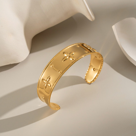 Bracelet manchette en acier inoxydable doré, imperméable, avec motif floral (1 pièce).