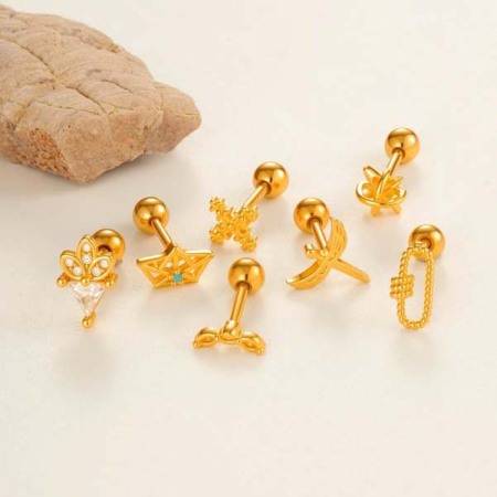 Boucles d'oreilles piercing pour femme, 1 pièce, croix brillante, cuivre, couleur or, zircon