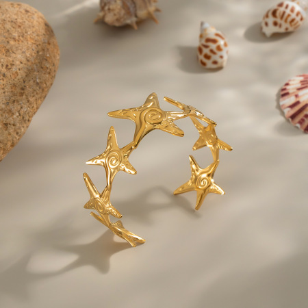 Bracelet manchette étanche en acier inoxydable couleur or avec motif étoile de mer (1 pièce)