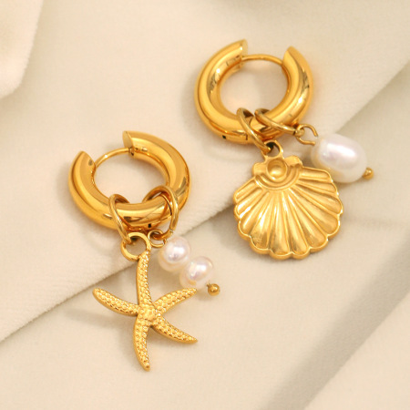 1 paire de boucles d'oreilles pendantes dorées en forme de coquillage océanique pour femme