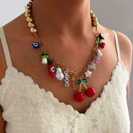 Collier pendentif en acier inoxydable doré, couleur cerise, 1 pièce 2