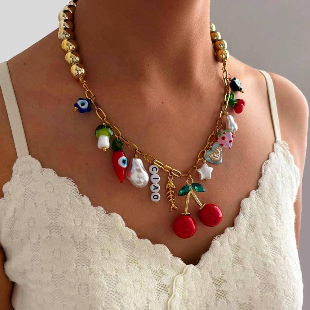 Collier Pendentif En Acier Inoxydable Doré, Couleur Cerise, 1 Pièce h5Image3