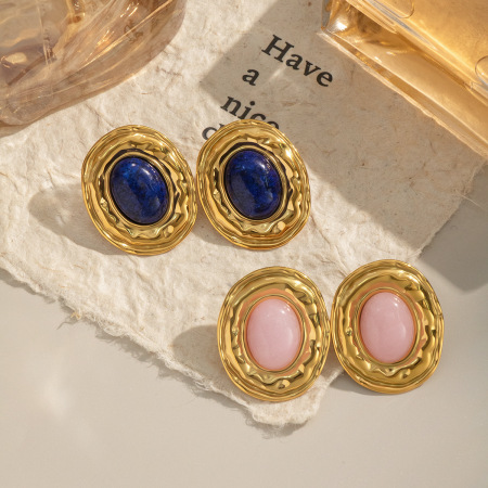 1 paire de boucles d'oreilles classiques en acier inoxydable étanche, couleur or, avec pierres naturelles