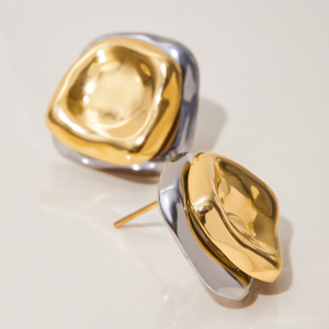 Boucles D'Oreilles Puces Rectangulaires Pour Femme, Collection Simple Series Personality, En Acier Inoxydable Étanche, Couleur Or (1 Paire). h5 Image7