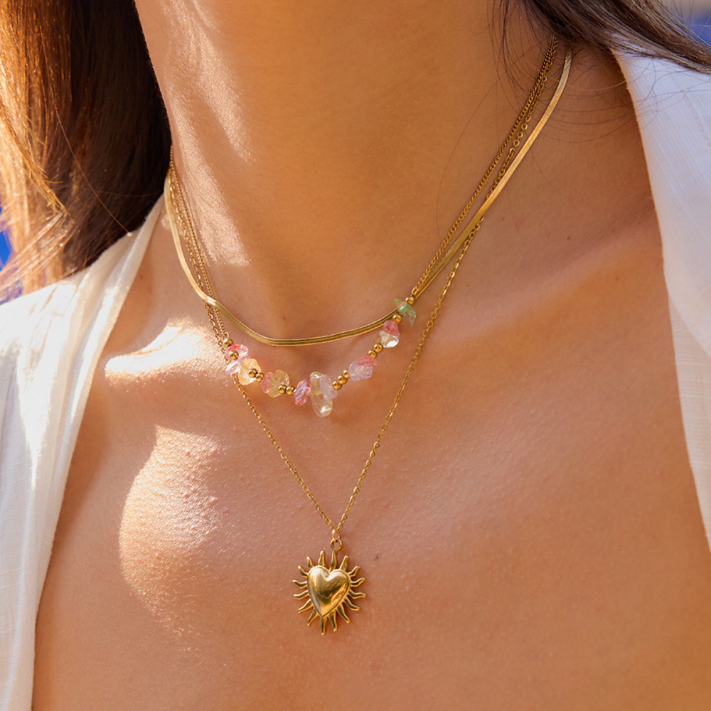 Collier À Plusieurs Rangs Élégant Pour Femme, En Acier Inoxydable Doré, Étanche, Avec Motif Soleil (1 Pièce) Image2