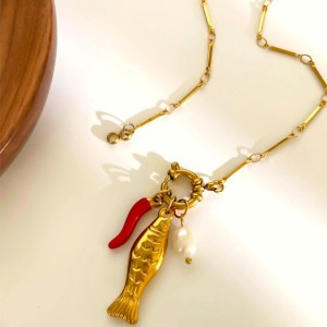 Collier Pendentif En Acier Inoxydable Doré, 1 Pièce, En Forme De Poisson h5 Image4
