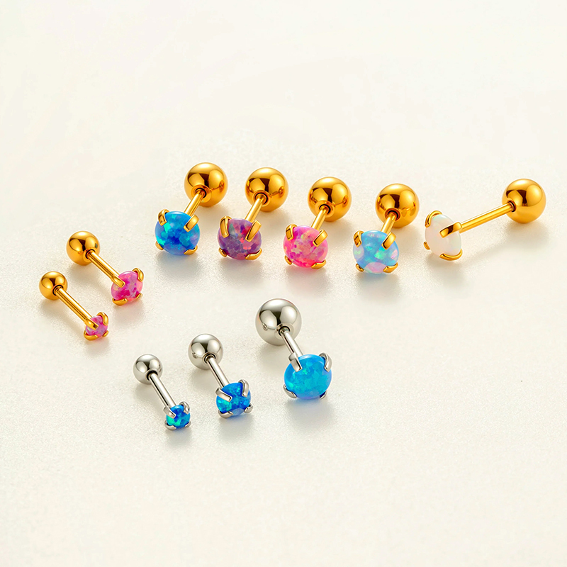 Boucles D'Oreilles Piercing Femme En Acier Inoxydable Doré, Opale Polychrome (1 Pièce) Image4
