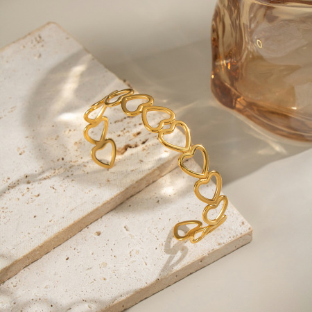 Bracelet manchette classique en acier inoxydable doré, motif cœur, 1 pièce 2