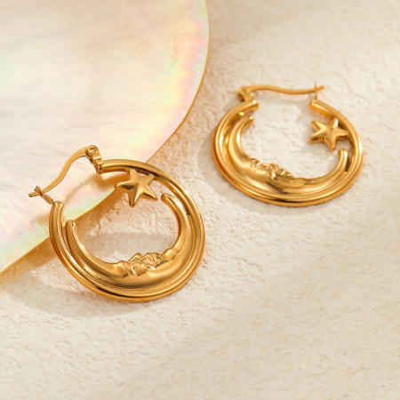 Boucles d'oreilles créoles simples pour femmes, en acier inoxydable, étanches, motif soleil/lune 2