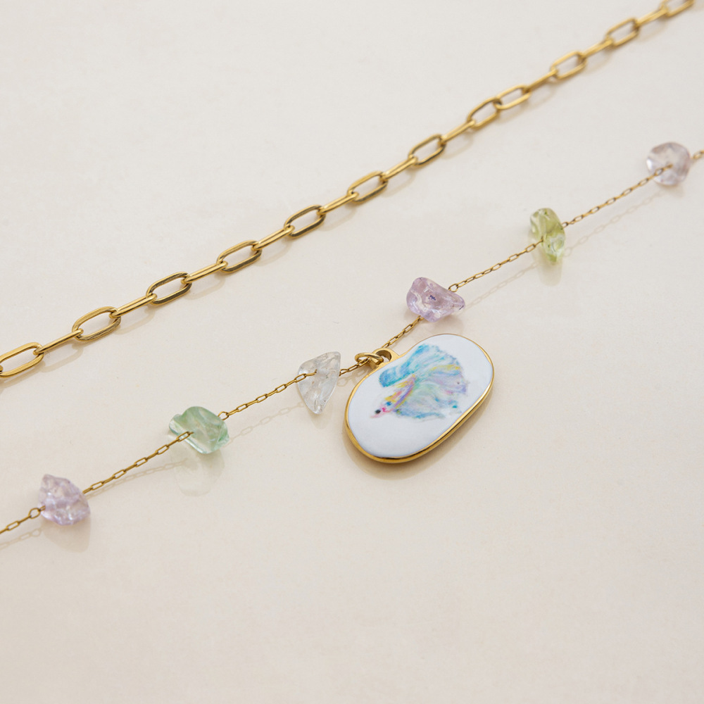 Collier Pendentif Femme En Acier Inoxydable Doré, Motif Poisson Tropical (1 Pièce) Image6