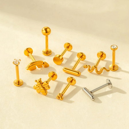 Boucle d'oreille piercing simple en acier inoxydable étanche couleur or avec zircon (1 pièce)