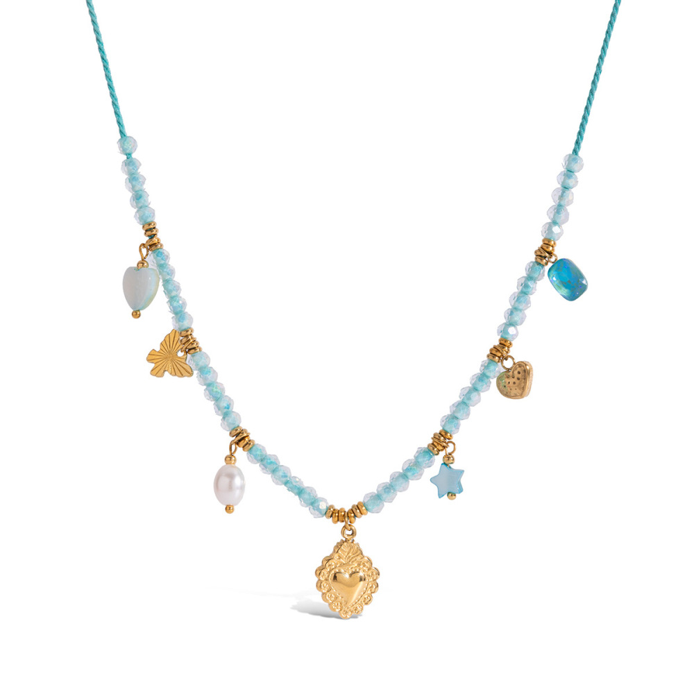 Collier Pendentif Femme En Acier Inoxydable Bleu, Couleur Or, Avec Pendentif Cœur Délicat (1 Pièce) 