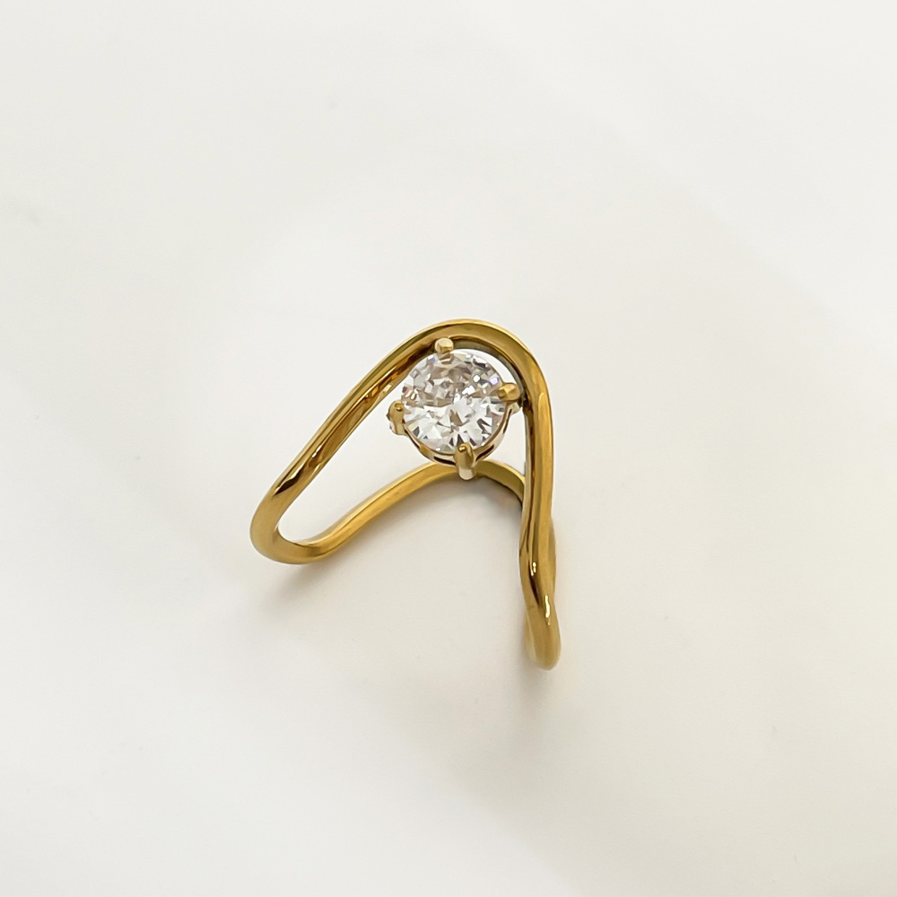 Bague En Acier Inoxydable Étanche, Couleur Or, Ornée D'Une Pierre Précieuse (1 Pièce).