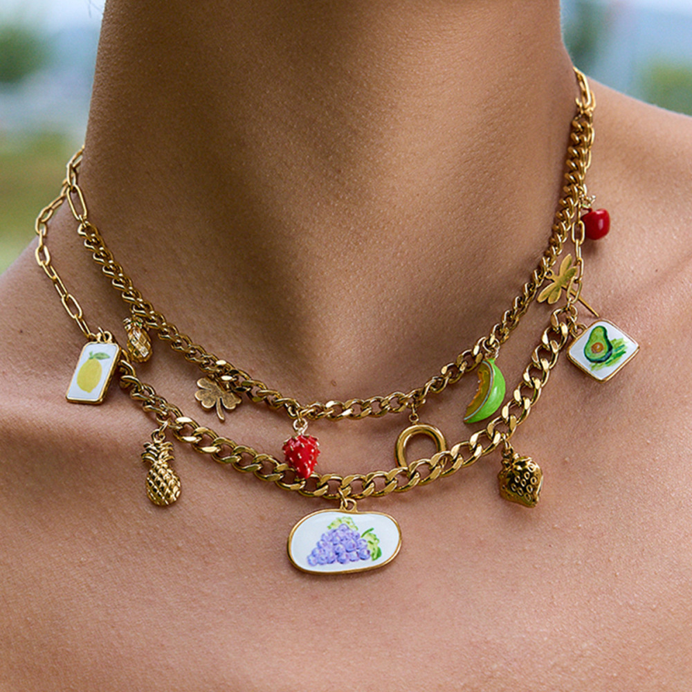 Collier Pendentif Femme En Acier Inoxydable Doré, Motif Fruits Romantiques (1 Pièce) Image4
