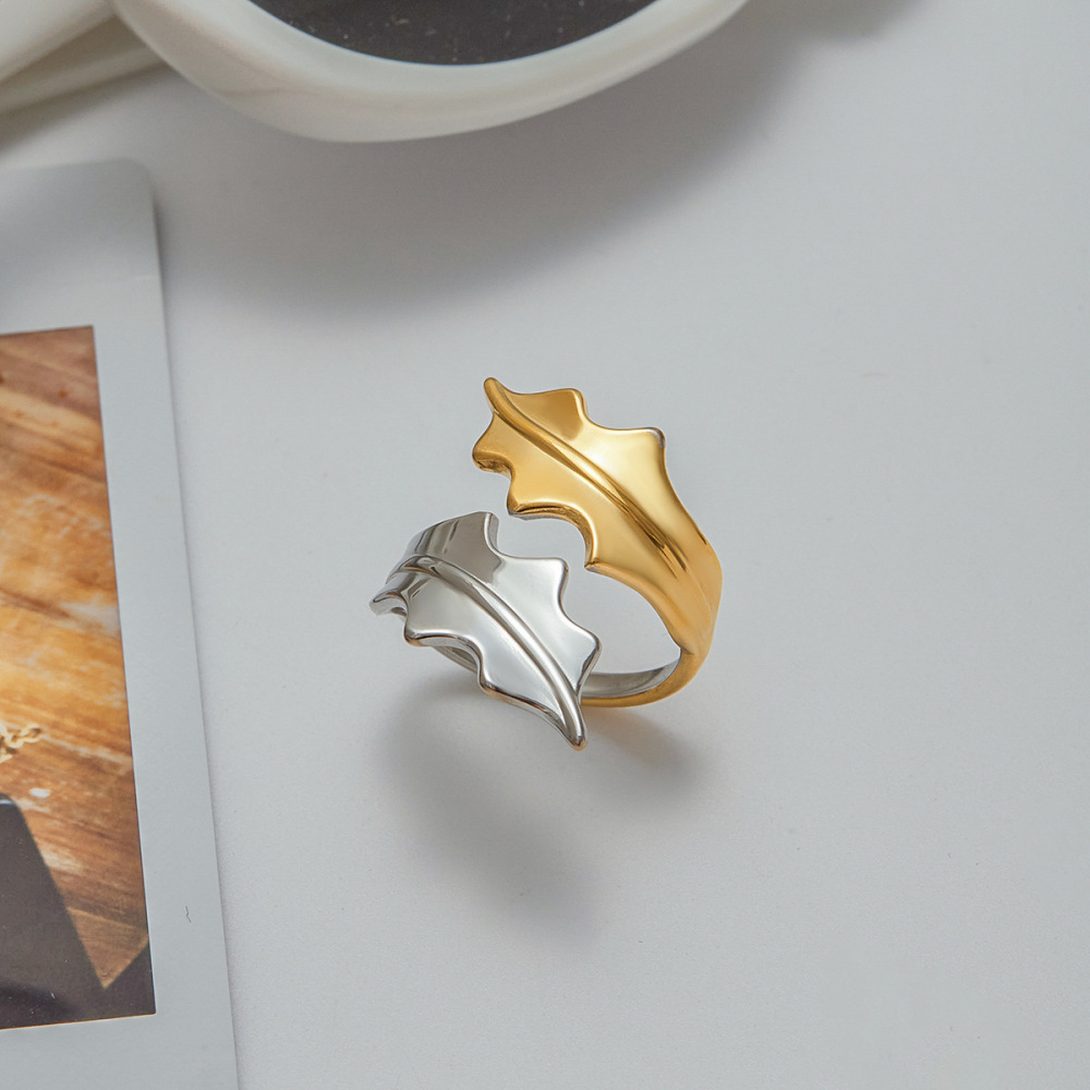 Bague Tendance En Acier Inoxydable Doré, Couleur Feuille Naturelle, 1 Pièce, Collection Designable. h5Image5