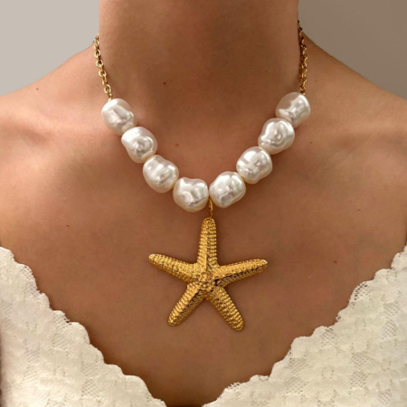 Collier pendentif étoile de mer en acier inoxydable étanche couleur or (1 pièce)