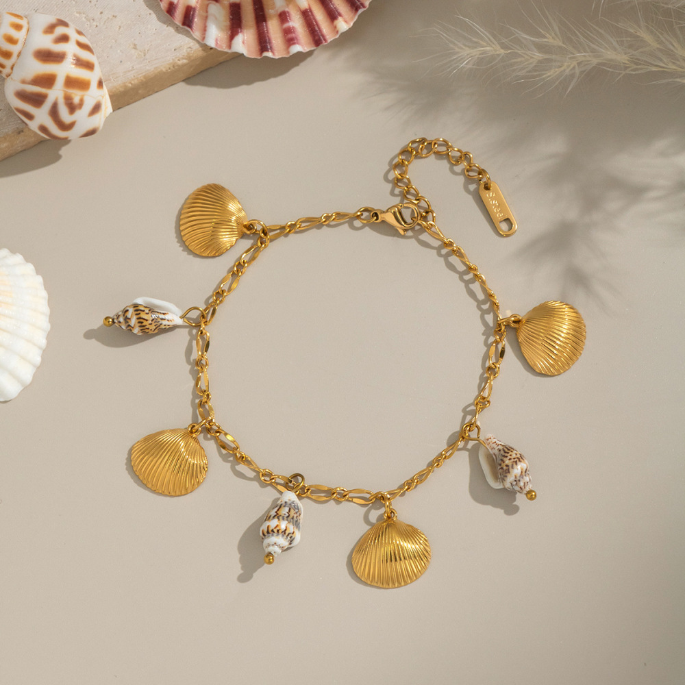 Bracelet À Breloques En Acier Inoxydable Étanche Couleur Or, Motif Coquillage Océanique (1 Pièce) Image4