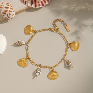 Bracelet À Breloques En Acier Inoxydable Étanche Couleur Or, Motif Coquillage Océanique (1 Pièce) h5 Image4