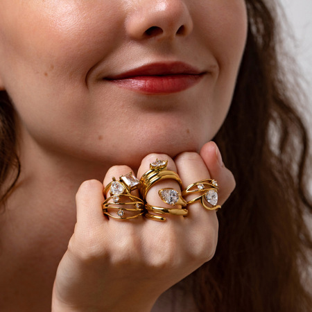 Ensembles de bagues élégantes et géométriques en acier inoxydable doré et zircon, collection Luxueuse 2