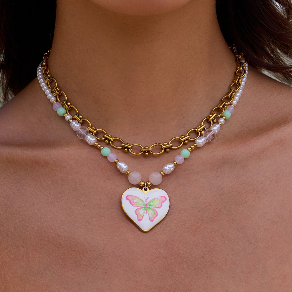 Collier Pendentif Femme En Acier Inoxydable Doré, Orné D'Un Papillon Naturel (1 Pièce) Image2
