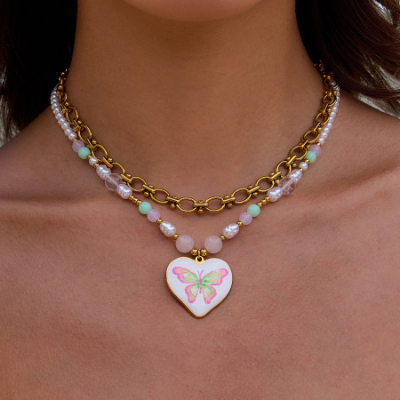 Collier pendentif femme en acier inoxydable doré, orné d'un papillon naturel (1 pièce) 2