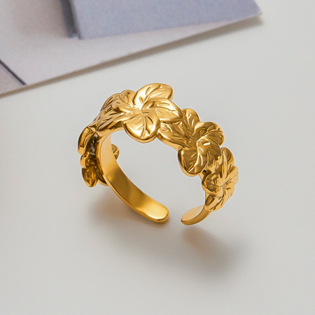 Bague tendance en acier inoxydable doré, couleur fleur naturelle, collection romantique (1 pièce). 2