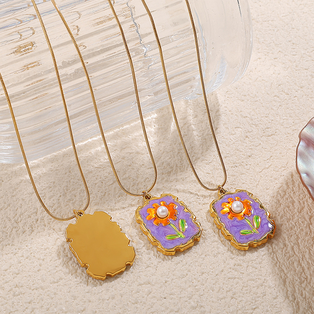 Collier Pendentif En Acier Inoxydable Doré, Couleur Or, Avec Fleur Émaillée (1 Pièce) Image3