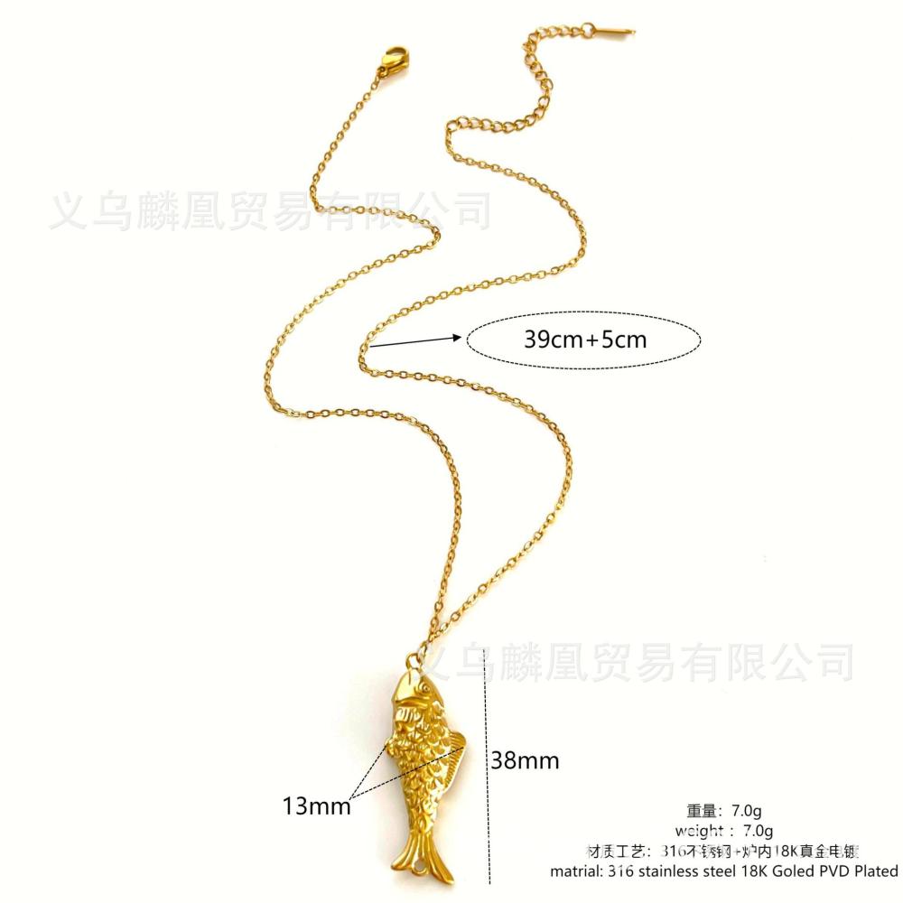 Collier Pendentif En Acier Inoxydable Doré, 1 Pièce, En Forme De Poisson Image2