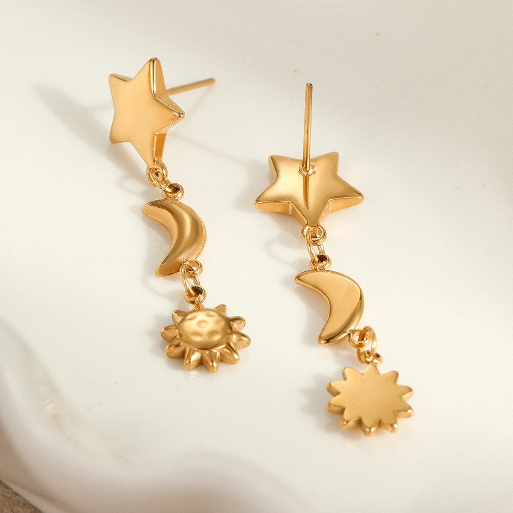 Boucles D'Oreilles Pendantes Pour Femmes, Motif Soleil Et Lune, En Acier Inoxydable Étanche, Couleur Or h5Image4