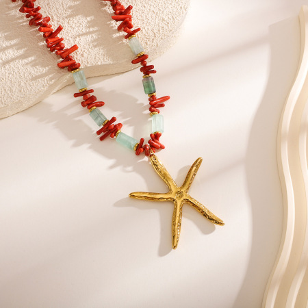 Collier pendentif femme en acier inoxydable doré, pierre naturelle, orné d'une étoile (1 pièce) 2