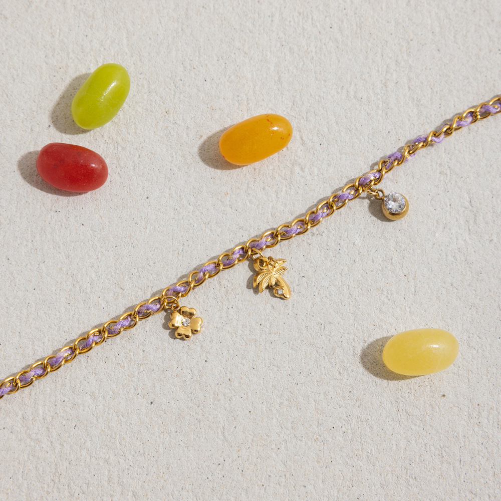Bracelet Tressé Pour Femme, Couleur Or, En Acier Inoxydable, Imperméable, Motif Palmier De Coco Violet (1 Pièce). Image6