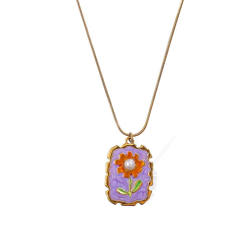 Collier Pendentif En Acier Inoxydable Doré, Couleur Or, Avec Fleur Émaillée (1 Pièce) Image4