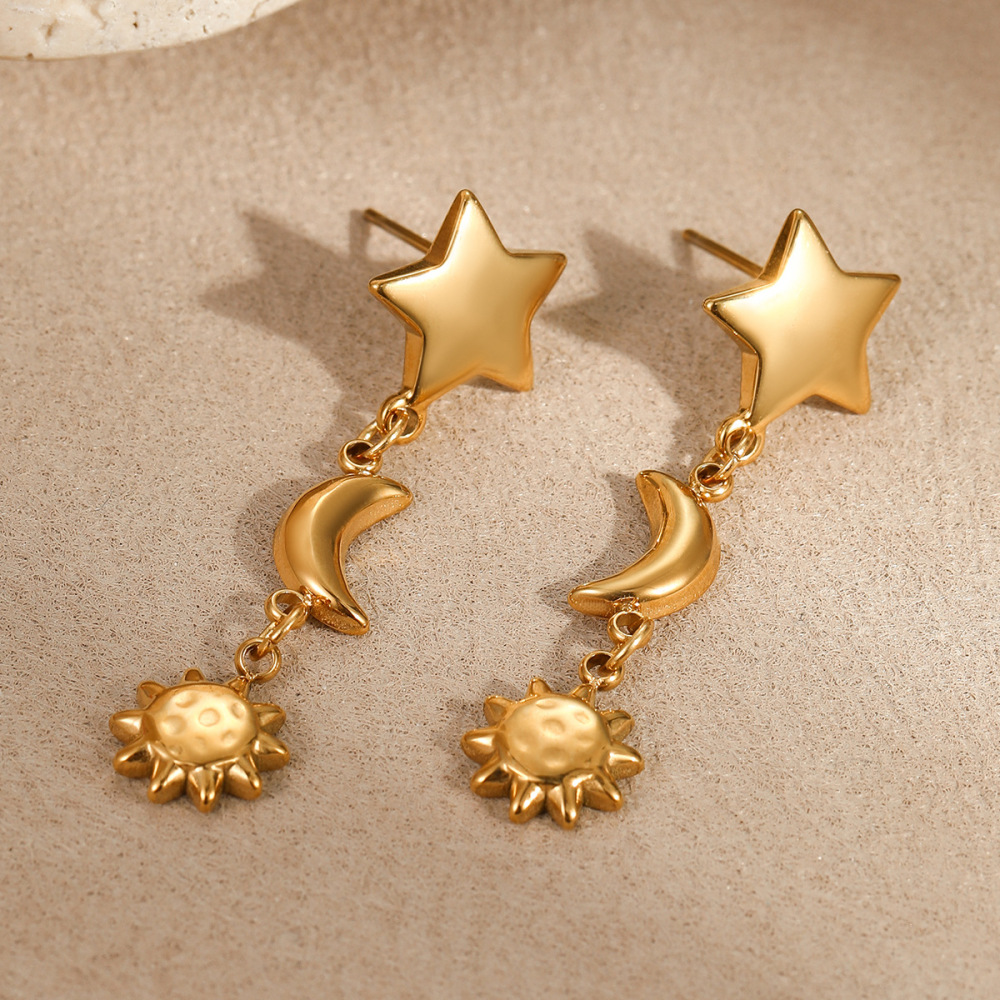 Boucles D'Oreilles Pendantes Pour Femmes, Motif Soleil Et Lune, En Acier Inoxydable Étanche, Couleur Or h5Image3