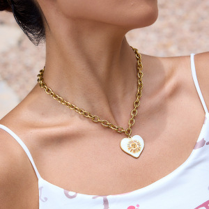 Collier Pendentif Femme En Acier Inoxydable Doré, Couleur Or, Motif Soleil Peint (1 Pièce) - Collection Classique h5 Image3