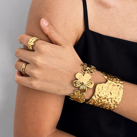 Bracelet jonc femme en acier inoxydable doré, imperméable, motif floral (1 pièce)